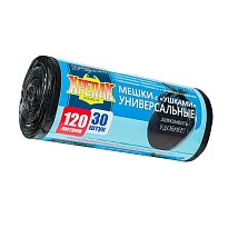Мешки для мусора 120 л, с ушками, черные, в рулоне 30 шт., ПНД, 15 мкм, 1100х700 мм, Крепак, 4607075710375 в Березниках